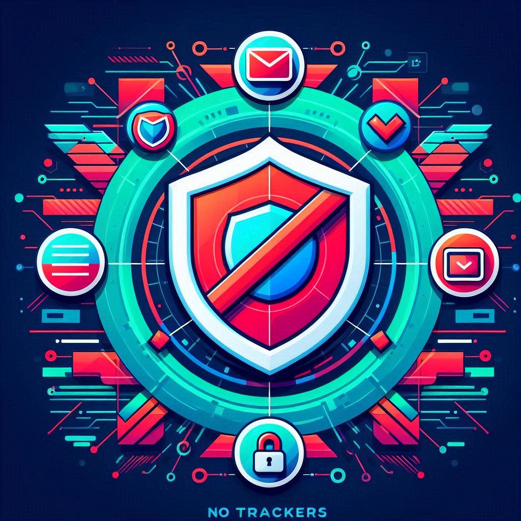 Shield icon with a no-trackers symbol surrounded by blocked ads and data protection graphics for online privacy.