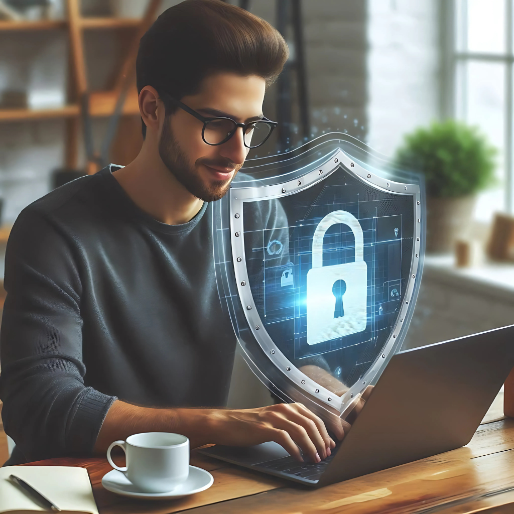 A person using a laptop with a privacy shield, highlighting the importance of online security with ExpressVPN.