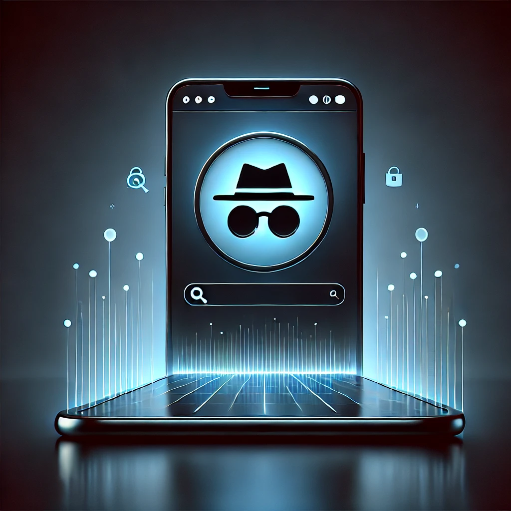 A modern illustration of incognito mode, showcasing a browser window with a private browsing icon (spy hat and glasses) on a sleek gradient background, symbolizing online privacy and secure browsing.