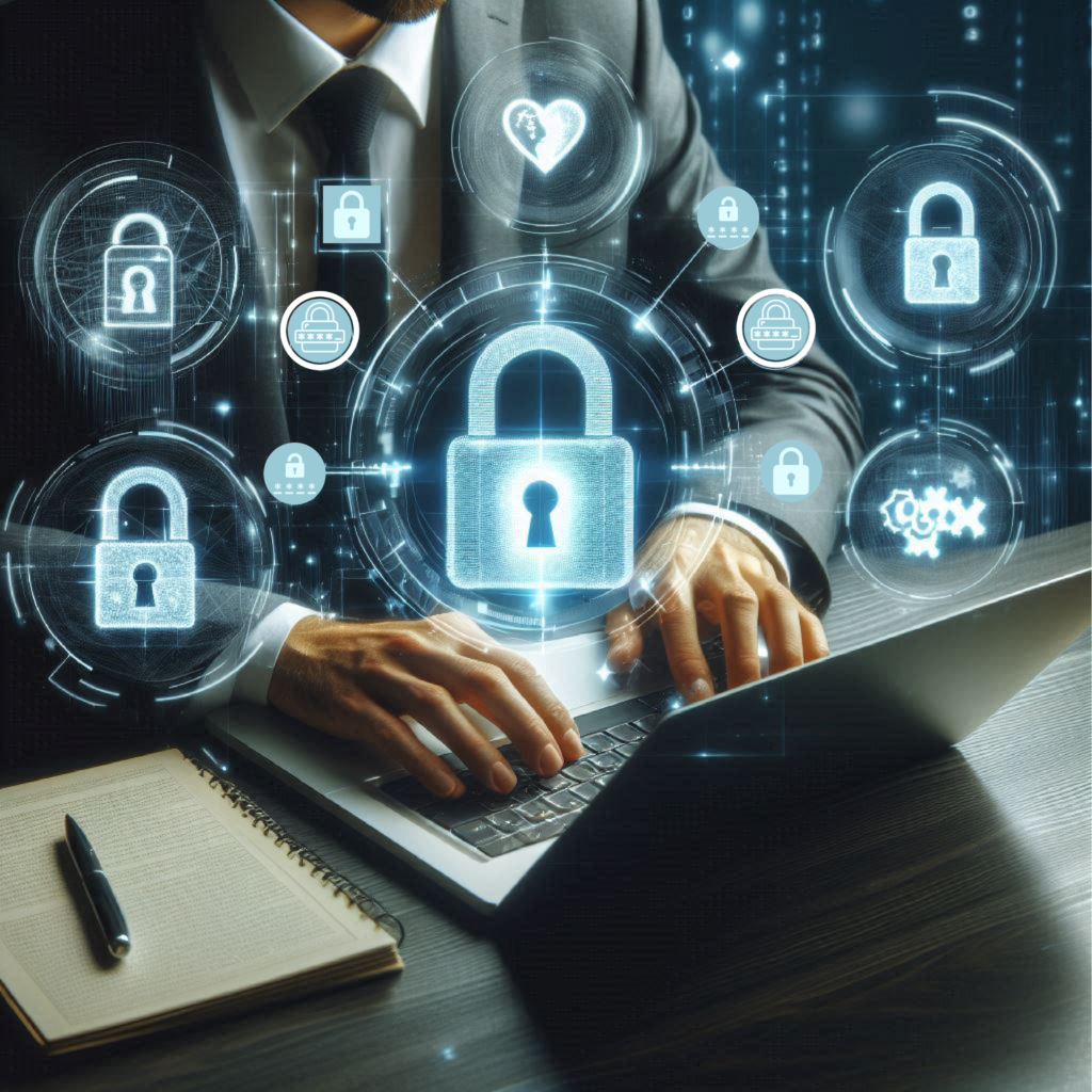 Person using a laptop with holographic padlock and password icons, representing online security awareness.