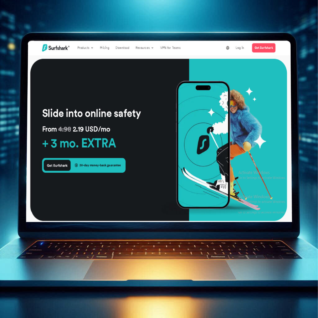 Laptop screen showing Surfshark VPN's homepage with a glowing padlock icon, symbolizing secure browsing.