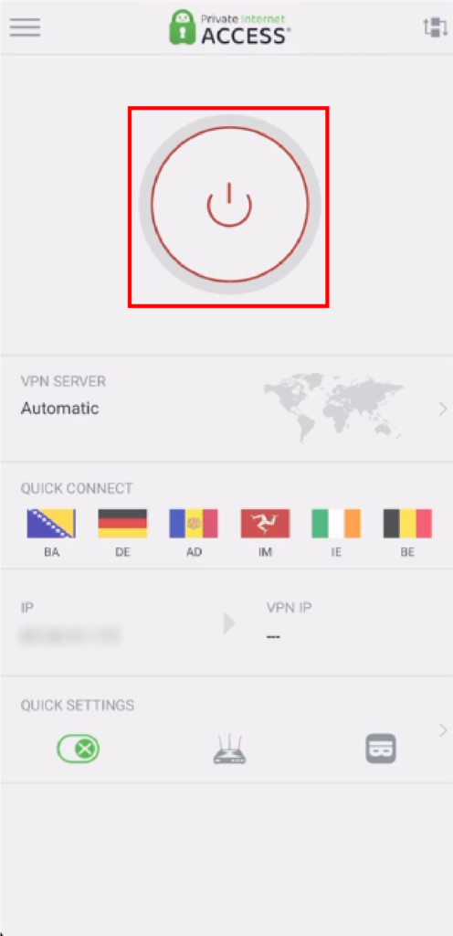Image shows PIA VPN App connect dashboard.