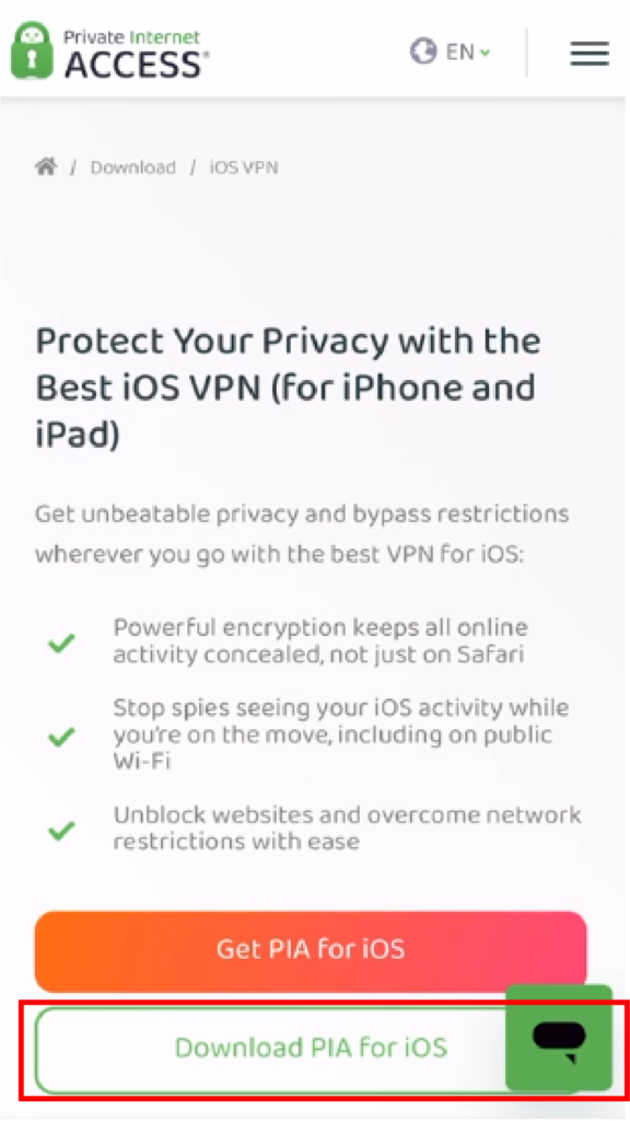 Image shows PIA VPN App download dashboard.
