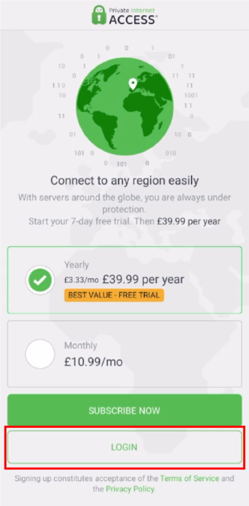 Image shows PIA VPN App login dashboard.