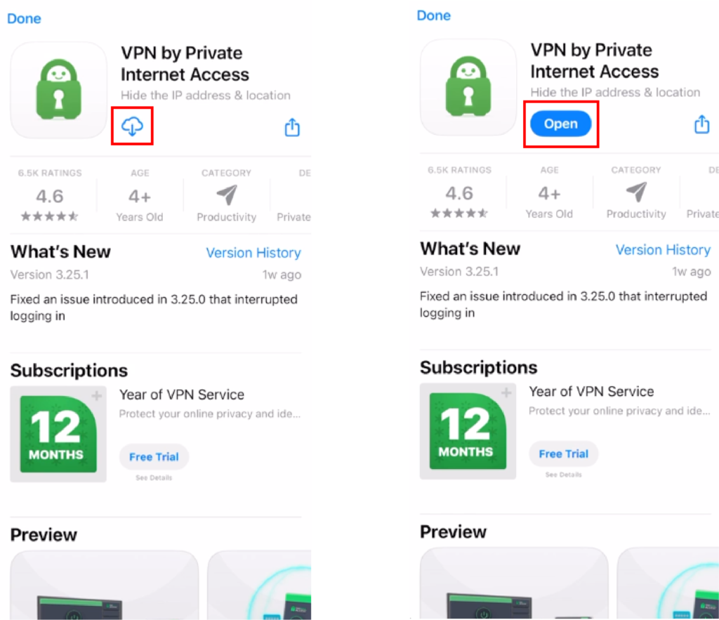 Image shows PIA VPN App store dashboard.