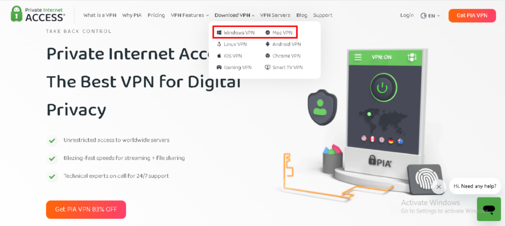 Image shows PIA VPN Window download dashboard.