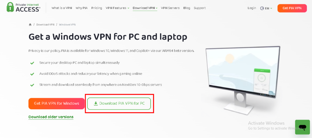 Image shows PIA VPN Window download for PC dashboard.