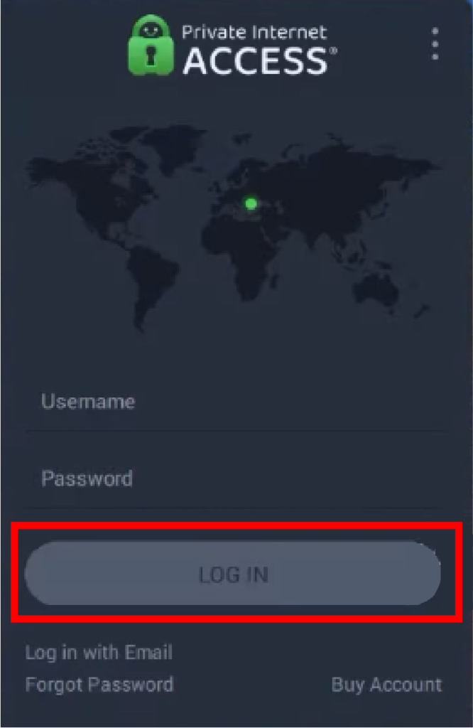 Image shows PIA VPN Window login dashboard.