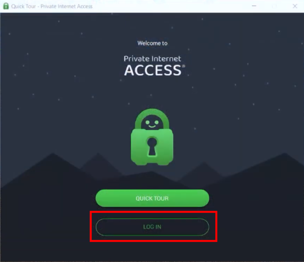 Image shows PIA VPN Window Login dashboard.