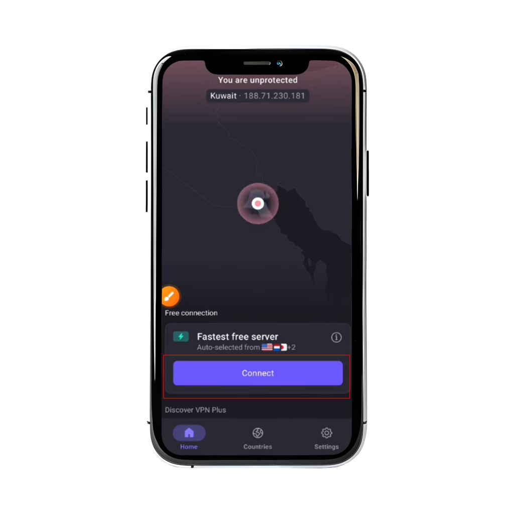 Image shows ProtonVPN app connecting Dashboard on iOS/Android.