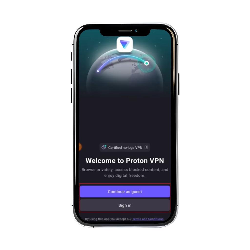 Image shows ProtonVPN app login Dashboard on iOS/Android.
