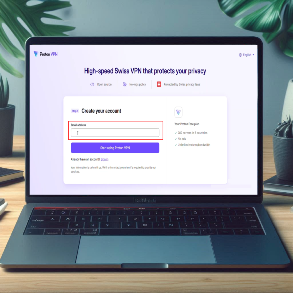 Image shows ProtonVPN account creation dashboard.