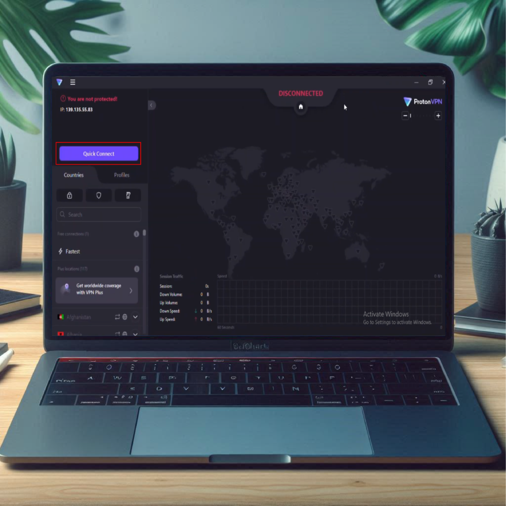 Image shows ProtonVPN connection Dashboard.