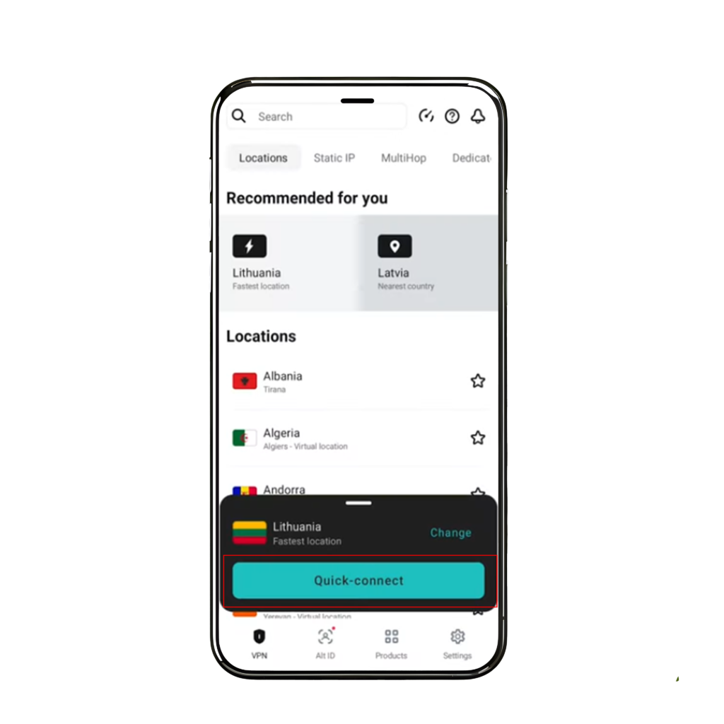 Surfshark Android app connection