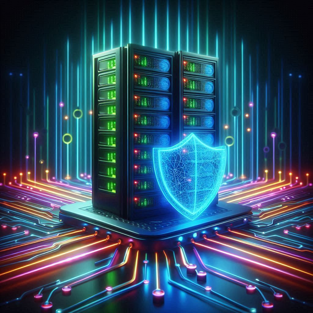 Server rack with glowing data streams and a shield icon representing VPN encryption and online privacy.