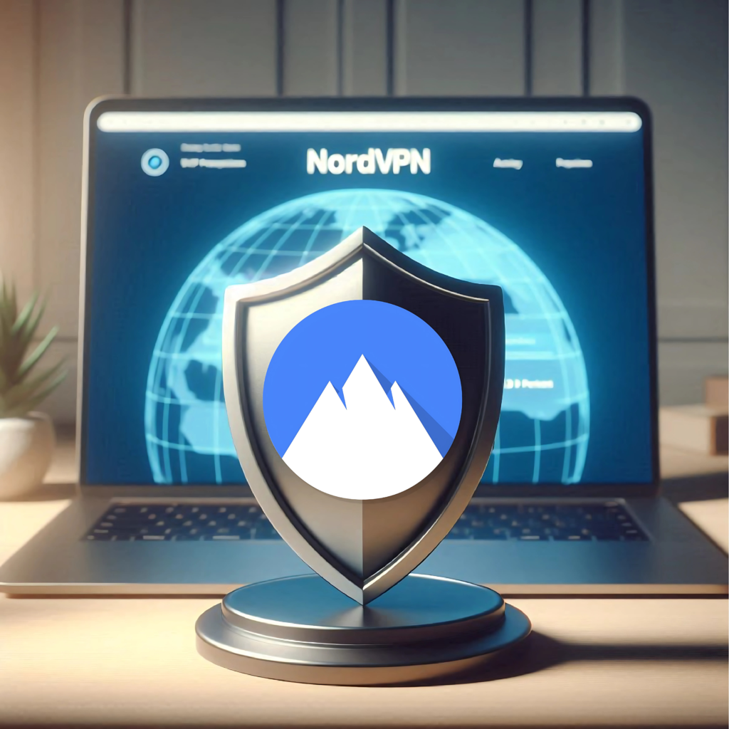 A 3D shield in front of a laptop with the NordVPN website on screen.