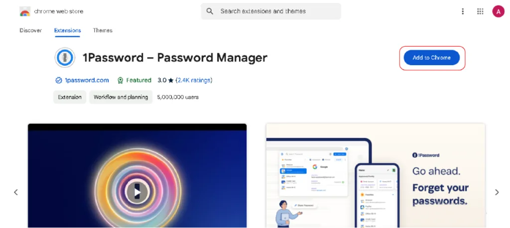 Screenshot of the 1Password Chrome Extension page on the Chrome Web Store, showing the 'Add to Chrome' button, extension details, and password management features.