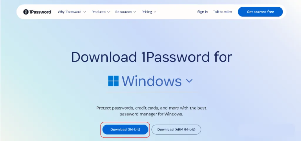 1Password download page for Windows, displaying options for 64-bit and ARM 64-bit versions, with a highlighted 'Download (64-bit)' button.