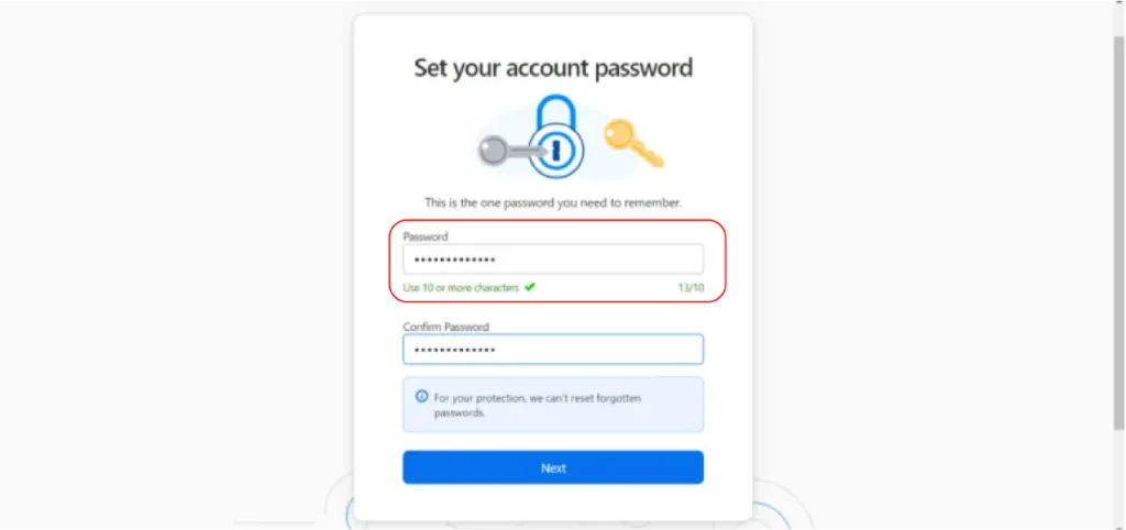 1Password account setup screen with password and confirm password fields, showing a strong password requirement of at least 10 characters.