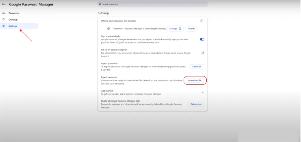 Google Password Manager settings page with the 'Settings' tab highlighted and the 'Download file' option circled under the Export Passwords section.