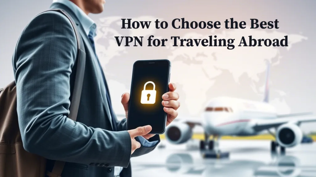 A business traveler holding a smartphone with a glowing lock icon, representing VPN security, with an airplane in the background at an airport. The text overlay says, "How to Choose the Best VPN for Traveling Abroad."