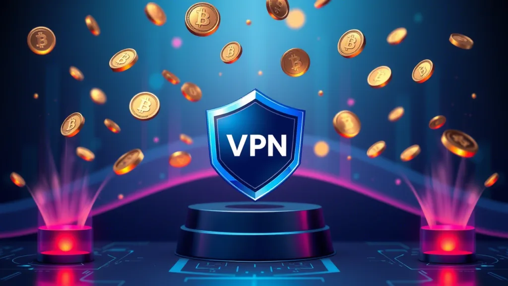 A futuristic digital illustration of a VPN shield on a glowing platform, surrounded by floating Bitcoin coins, representing Best VPNs for Cryptocurrency Wallet Protection
