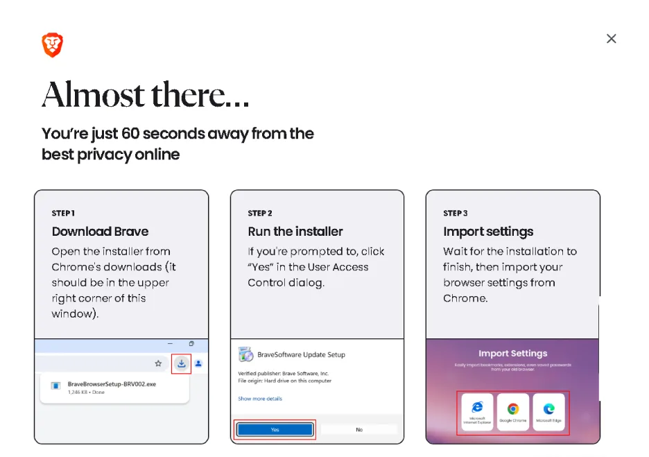 Brave Browser installation guide with three steps: downloading the installer, running the setup, and importing browser settings from Chrome, Edge, or Internet Explorer.