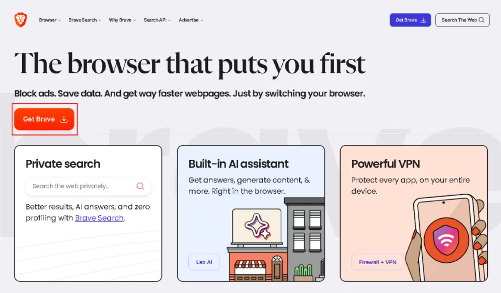 Brave Browser download page displaying the 'Get Brave' button,
