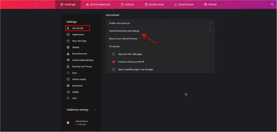 Brave Browser's 'Get Started' settings panel with an option to import bookmarks and settings.