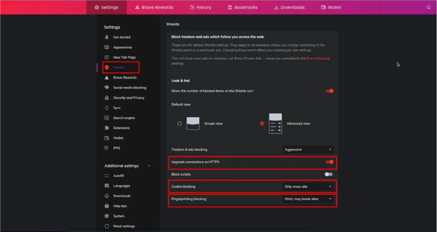 Brave Browser's 'Shields' settings panel with privacy controls, including tracker blocking, HTTPS upgrades, and fingerprinting protection.