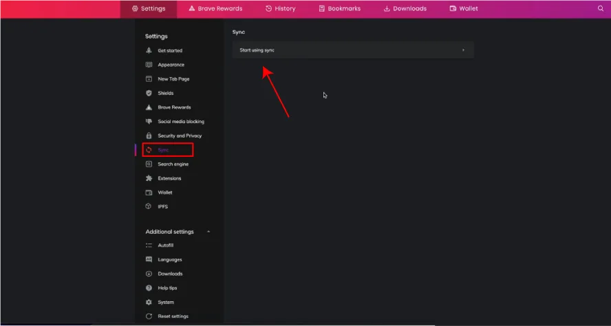 Brave Browser 'Sync' settings panel with an option to start syncing browsing data across devices.