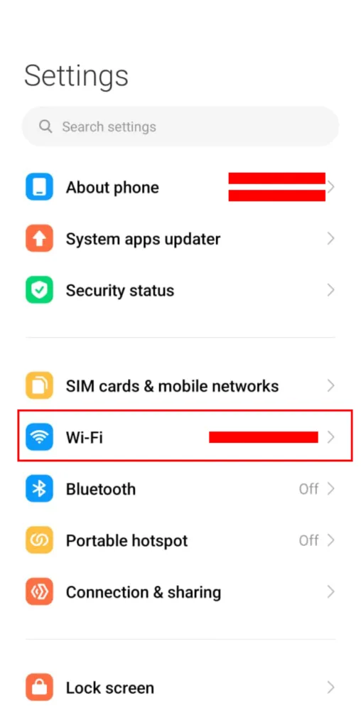 Android smartphone Settings menu displaying options like Wi-Fi, Bluetooth, SIM cards & mobile networks, and security status, with the Wi-Fi option highlighted in red.