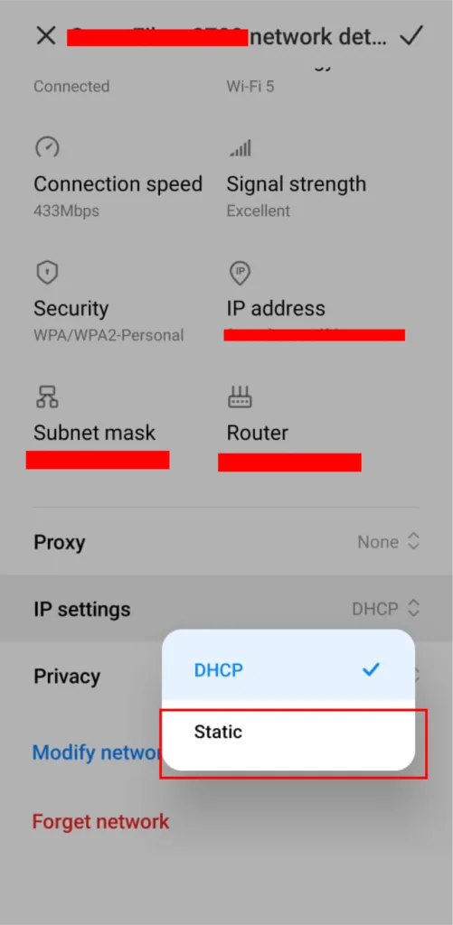 Android Wi-Fi network details screen, displaying connection speed, signal strength, security type, IP address, subnet mask, and router settings, with an open IP settings menu showing DHCP and Static options.