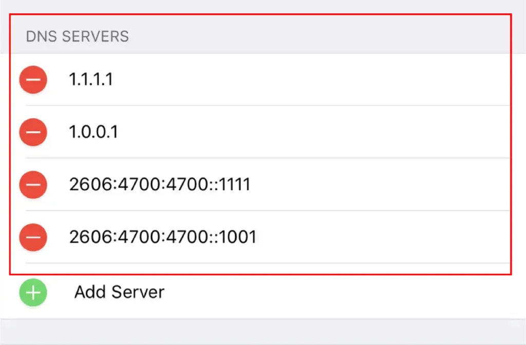 iOS device screen showing Cloudflare's DNS server settings with IPv4 and IPv6 addresses.