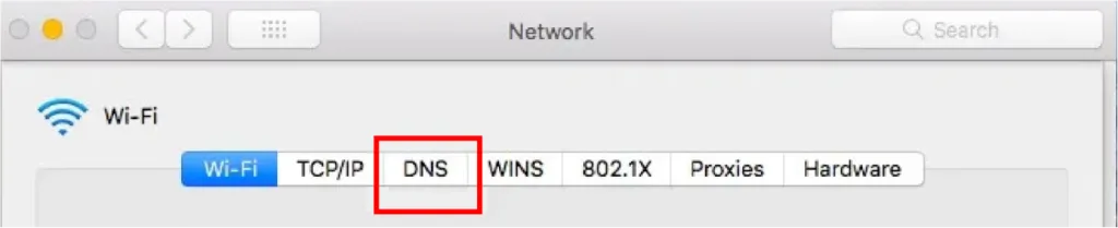 macOS Network settings window with the DNS tab highlighted under Wi-Fi settings.