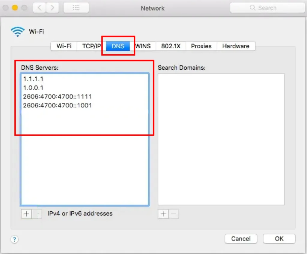 macOS Network Preferences window with the DNS tab selected, showing Cloudflare’s DNS server addresses.