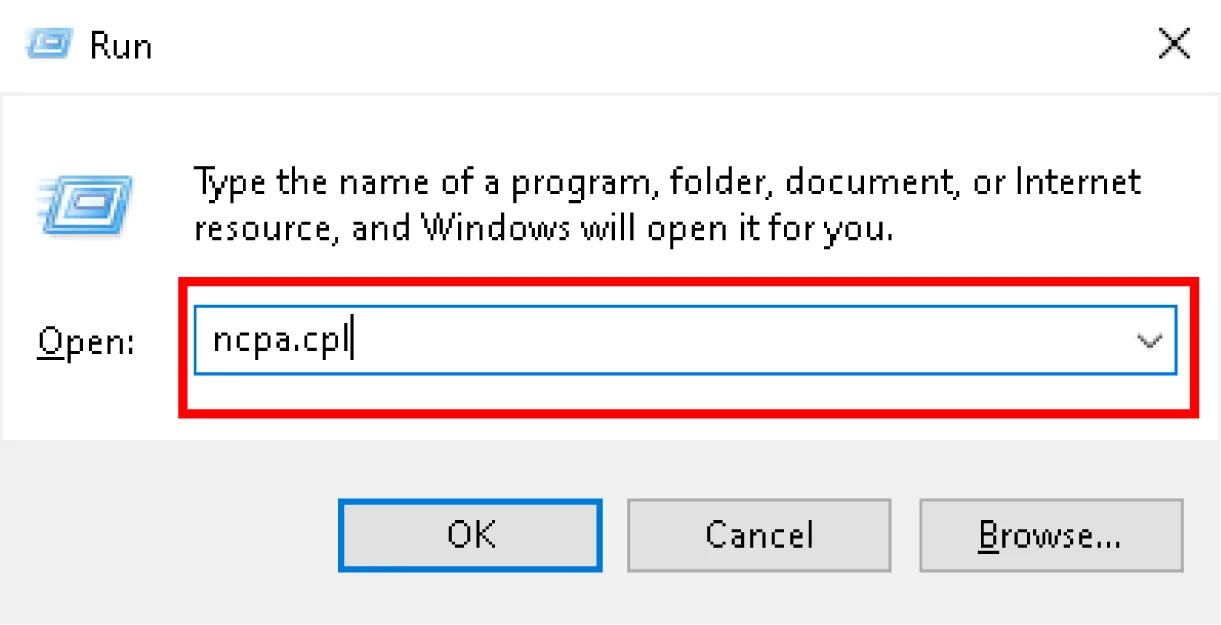 Windows Run dialog box with "ncpa.cpl" command entered, used to open the Network Connections window for managing internet and network settings.