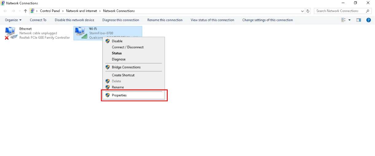 Windows Network Connections window with a right-click menu on a Wi-Fi network. The "Properties" option is highlighted for accessing network adapter settings.