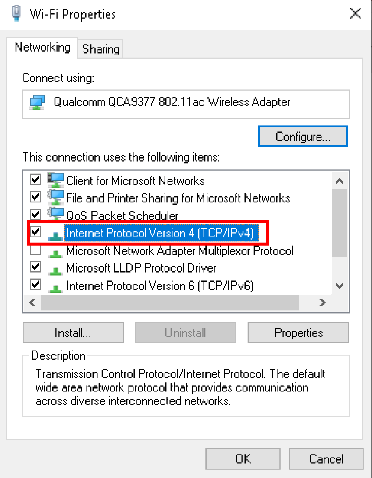 Windows Wi-Fi Properties window with the Internet Protocol Version 4 (TCP/IPv4) option highlighted, allowing users to configure IP and DNS settings.