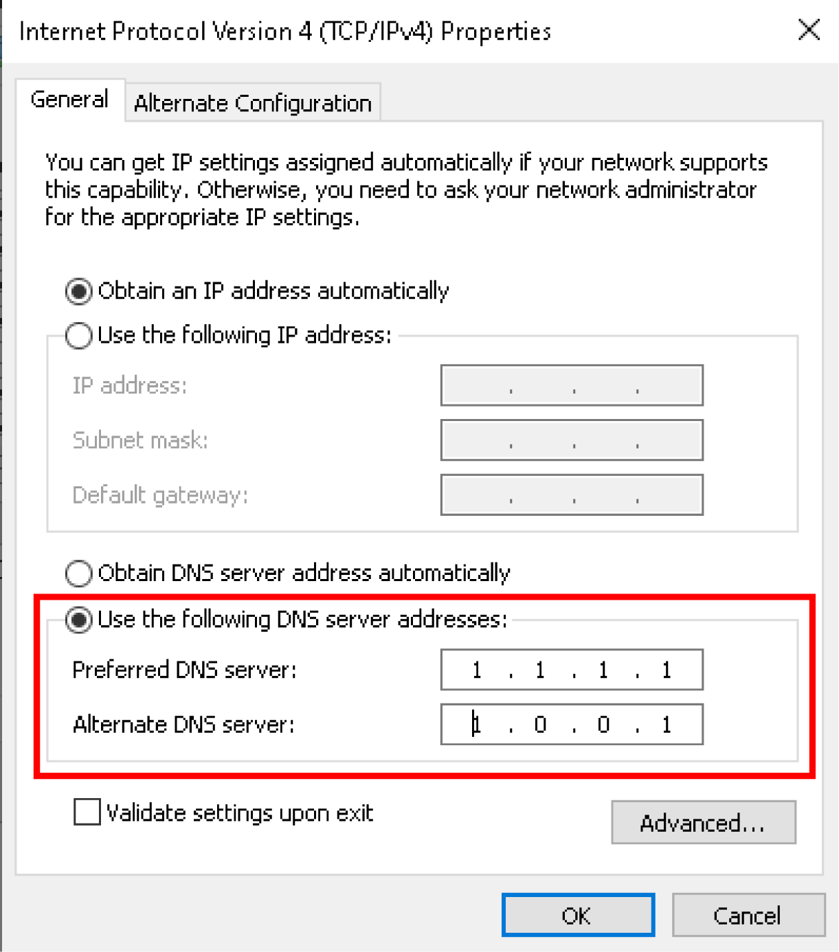 Windows TCP/IPv4 Properties window with Cloudflare DNS settings (1.1.1.1 and 1.0.0.1) configured for faster and more secure internet browsing.