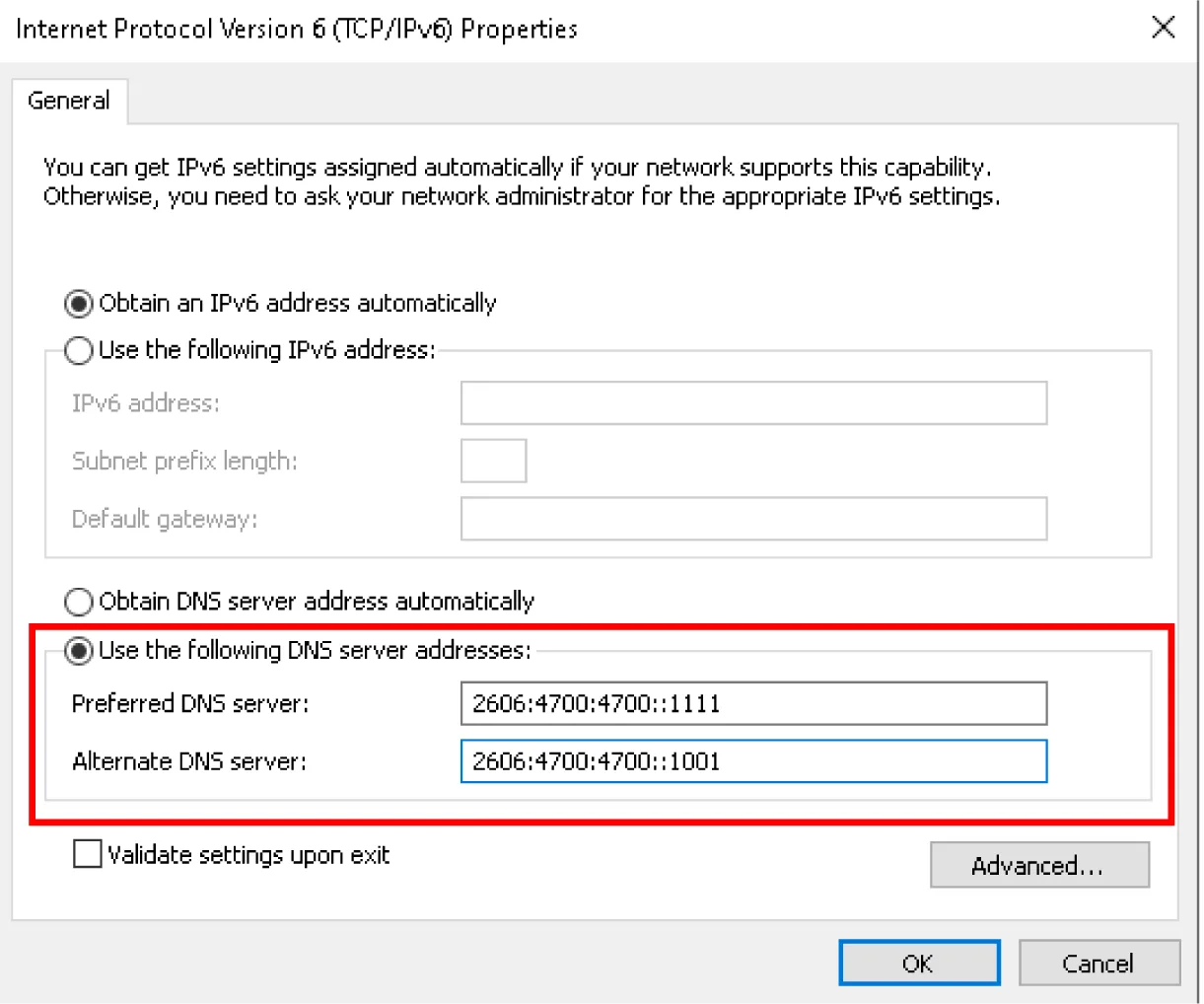 Windows IPv6 settings window showing Cloudflare DNS (2606:4700:4700::1111 and 2606:4700:4700::1001) configured for improved browsing performance and security.