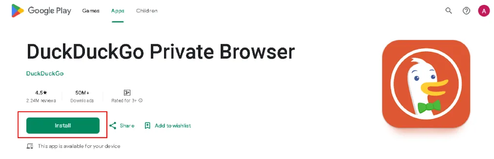 Google Play Store page for DuckDuckGo Private Browser with an "Install" button highlighted, app logo, rating, and download count visible.