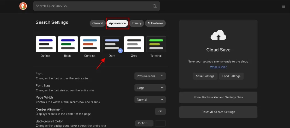 DuckDuckGo search settings page displaying theme options, with "Dark Mode" selected under the "Appearance" tab.