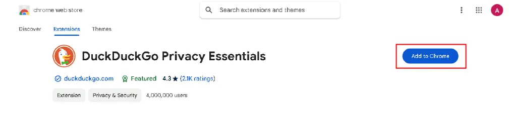 Screenshot of the DuckDuckGo Privacy Essentials extension page in the Chrome Web Store, featuring the "Add to Chrome" button.