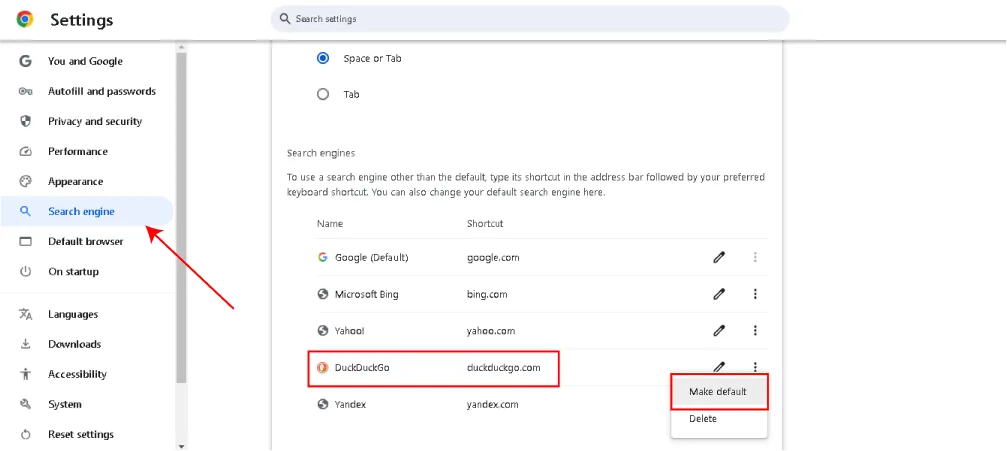 Screenshot of Google Chrome settings showing the search engine options. DuckDuckGo is highlighted, and a menu is open with the "Make default" option selected.