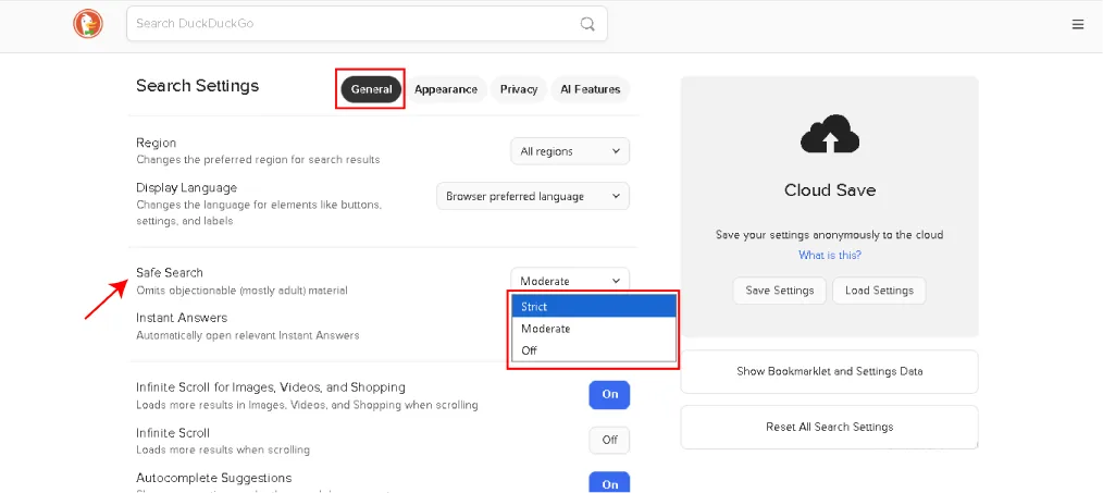 DuckDuckGo search settings page with the "General" tab selected. The "Safe Search" option is highlighted, showing filtering options: Strict, Moderate, and Off.