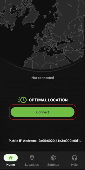 VPN app interface with a green "Connect" button under "Optimal Location." The app displays a world map, "Not connected" status, and a public IP address, with a bottom navigation bar featuring Home, Locations, Settings, and Help icons.