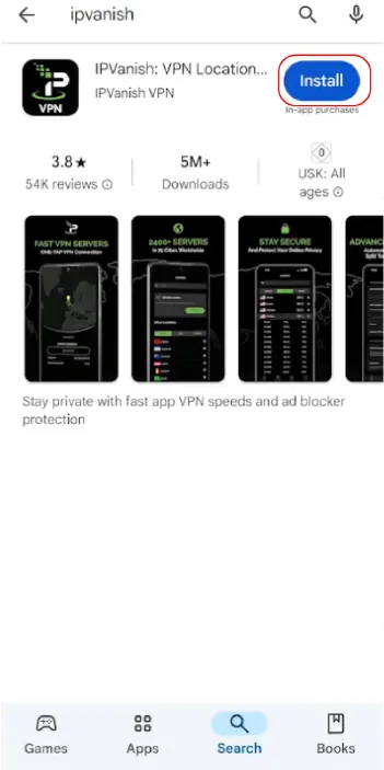 Google Play Store page for IPVanish VPN app, showing the app’s name, logo, rating, download count, and key features. The blue "Install" button is visible, with preview images highlighting fast servers and security features.