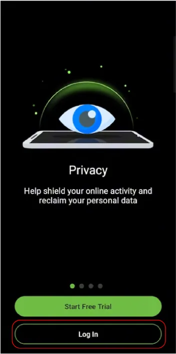IPVanish VPN app welcome screen with a privacy message, an eye icon over a smartphone, and two options: "Start Free Trial" in green and "Log In" in black.