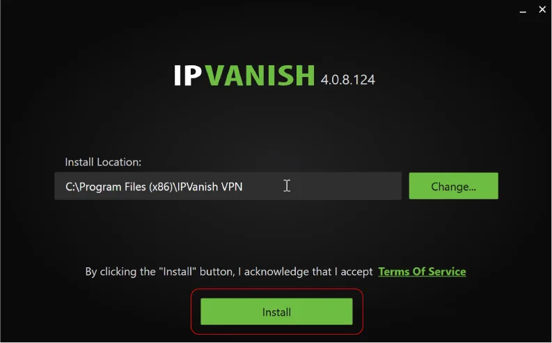 IPVanish VPN installation window on Windows, displaying version 4.0.8.124 with an install path and an "Install" button highlighted for user action.